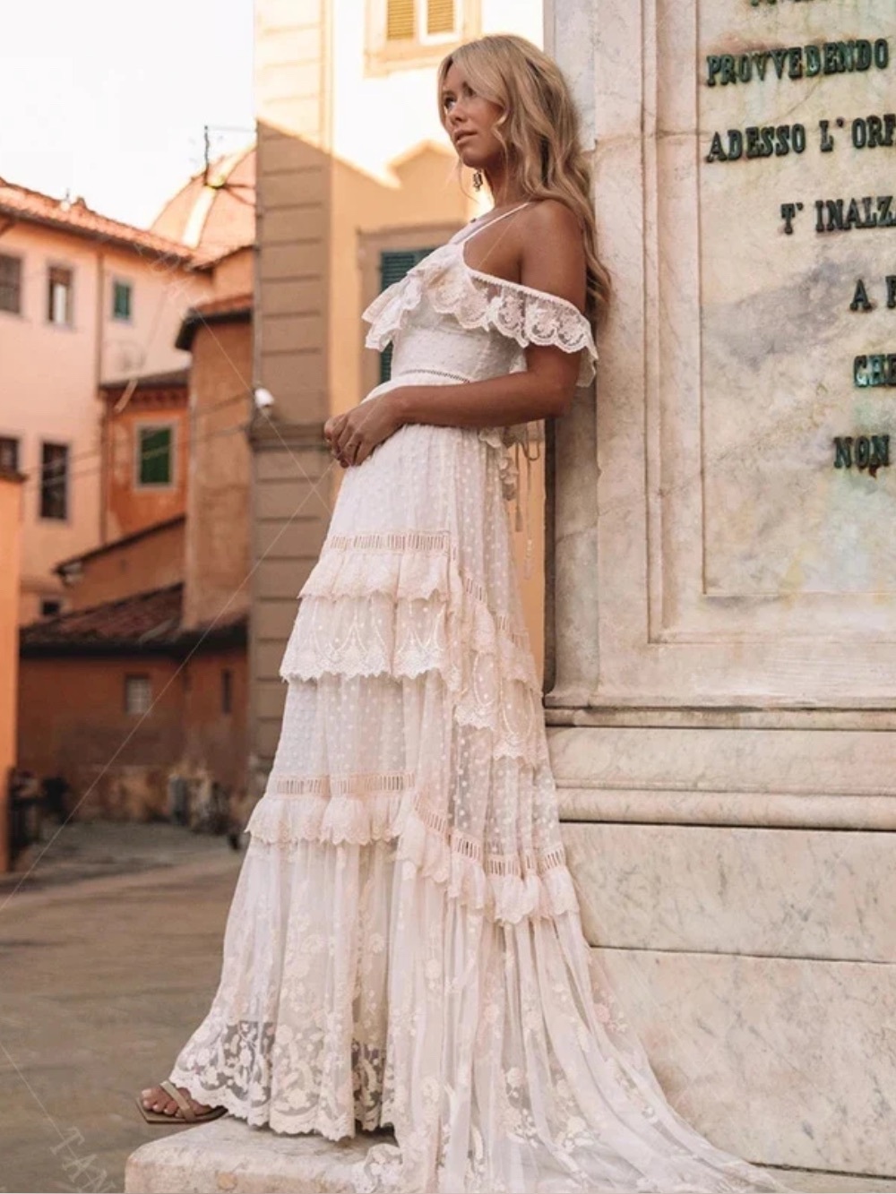Boho White lace maxi cold shoulder tiered dress ruffles polka dots cottagecore